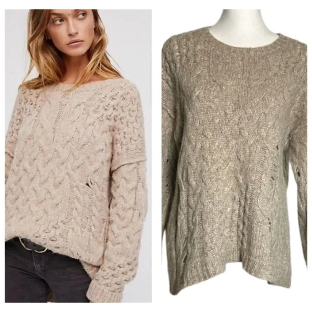 Free Peoples Chunky Cable Knit Sweater Womens XS Alpaca Wool Distressed Crew Tan